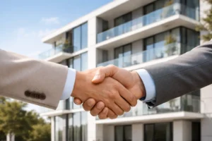 Apretón de manos entre el mejor agente inmobiliario y propietario tras vender su piso sin comisiones