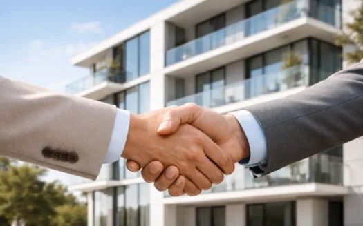 Apretón de manos entre el mejor agente inmobiliario y propietario tras vender su piso sin comisiones